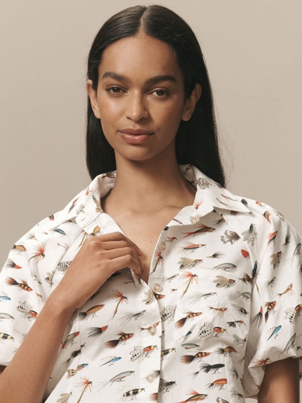 Women's White Printed Short-Sleeve Button-Up Top
